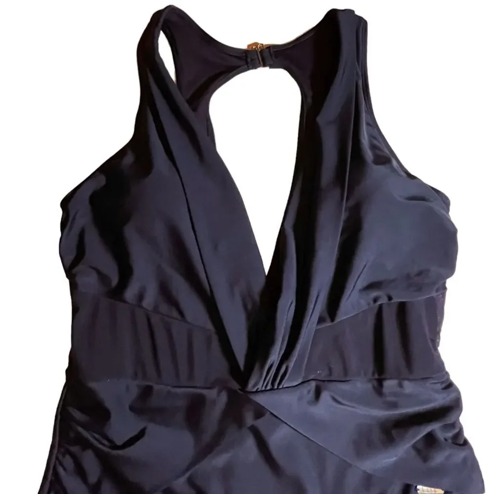 Nicole Miller Plunge Neckline Mesh Illusion Black One Piece Swimsuit Size 12